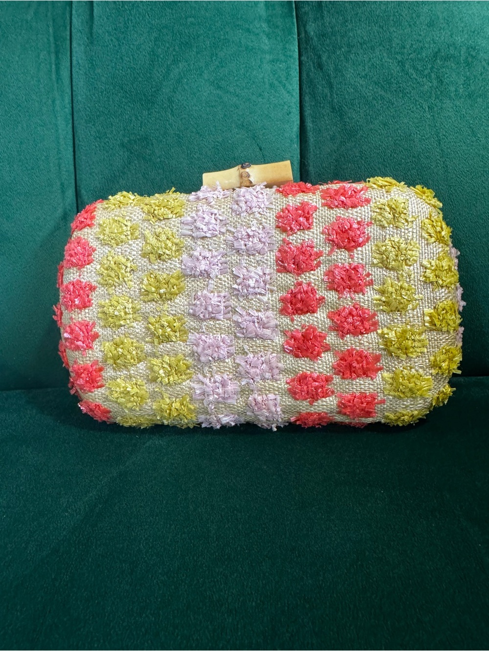 NWOT Pastel Ombre Pom-Pom Straw Hardcase Clutch Bag